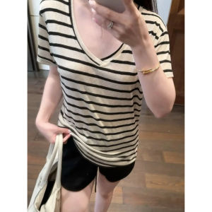 YUEZHONGWEI | Color Block Striped V Neck Ice Silk Knitted Short Sleeve T Shirt Women Summer Loose Top Casual Commute Style Creative Design