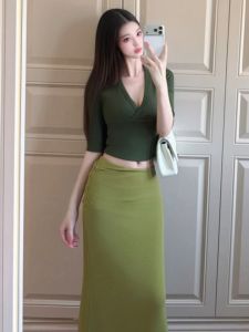 YUEZHONGWEI | Bộ Đồ Thời Trang Áo Cổ V Tay Ngắn Chân Váy Xanh