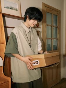 Loose Fit Short Sleeve Polo Shirt Retro Japanese Style Color Block Youth Casual Workwear T-Shirt for Men Summer Season