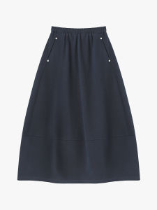 Basic House | Navy Cotton A-Line Skirt with Rivets Peplum