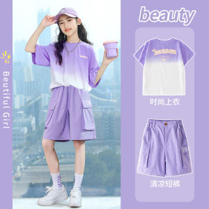 ชุดเด็กผู้หญิงแขนสั้นฤดูร้อน ชุดสองชิ้น แฟชั่นสำหรับเด็กวัยกลางคนและโต ชุดเด็กผู้หญิงสไตล์ลำลอง ชุดเด็กผู้หญิง