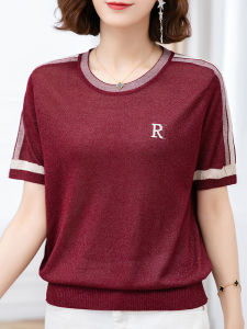 Mẹ Trung Niên Nón Kết Nam Nữ Áo Thun 2024 Tay Ngắn Cổ Tròn Phong Cách Đơn Giản Dáng Rộng Tay Lửng Nữ