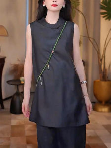 QINGNAER | Mandarin Collar Slit Sleeveless Shirt 2025 Summer Traditional Large Size Womens
