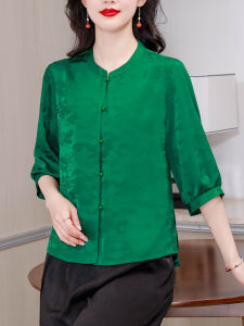 เสื้อเชิ้ตแขนยาวครึ่งตัวทรงหลวมสไตล์วินเทจสำหรับคุณแม่วัยกลางคน ทรงหลวมสบายๆ ปกปิดหน้าท้อง เสื้อผ้าทำงานฤดูใบไม้ผลิและฤดูร้อน