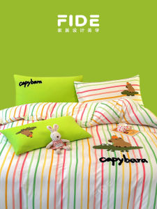 FIDE Home New Vitality Dopaamine Colorful Stripes Cute Capybara Embroidered Cotton Four Piece Bedding Set Full Cotton Digital Print