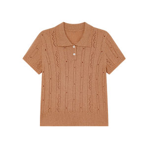 Lace Hollow-out Polo Collar Knit Short Sleeve Blouse