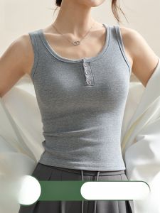 MiiOW | Slim Fit Tank Top Womens Inner Wear Spring Summer Outerwear Grey Button Strap Backless Shirt Cotton Rayon Spandex Blend