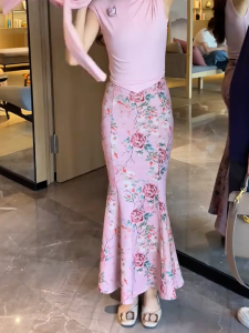Pink Floral Print Slim Fit Fish Tail Skirt Womens Fashion High Waist Long Skirt Autumn New Style Drapey Elegant Bodycon Dress