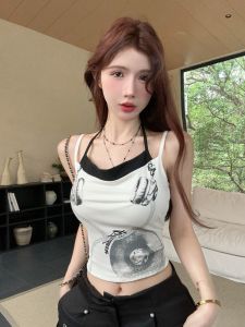 GUZILIAN | Pure Desirable Spicy Girl Style Micro Swinging Collar Printed Patchwork Halter Neck Tight Fit Strap Vest Simple Fashion With Chest Pad Womens Top