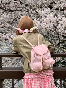 Lala Land Nylon Patchwork Leather Drawstring Backpack Casual Commuter Small Backpack Candy Sweet Lady Style Magnetic Buckle Closure