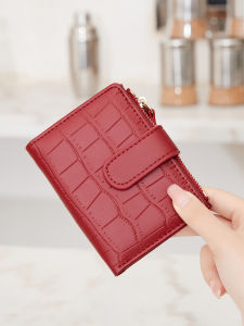 Fashion Minimalist PU Leather Solid Color Crocodile Embossed Small Wallet Bifold snap-fastener Women Wallet With ID Window