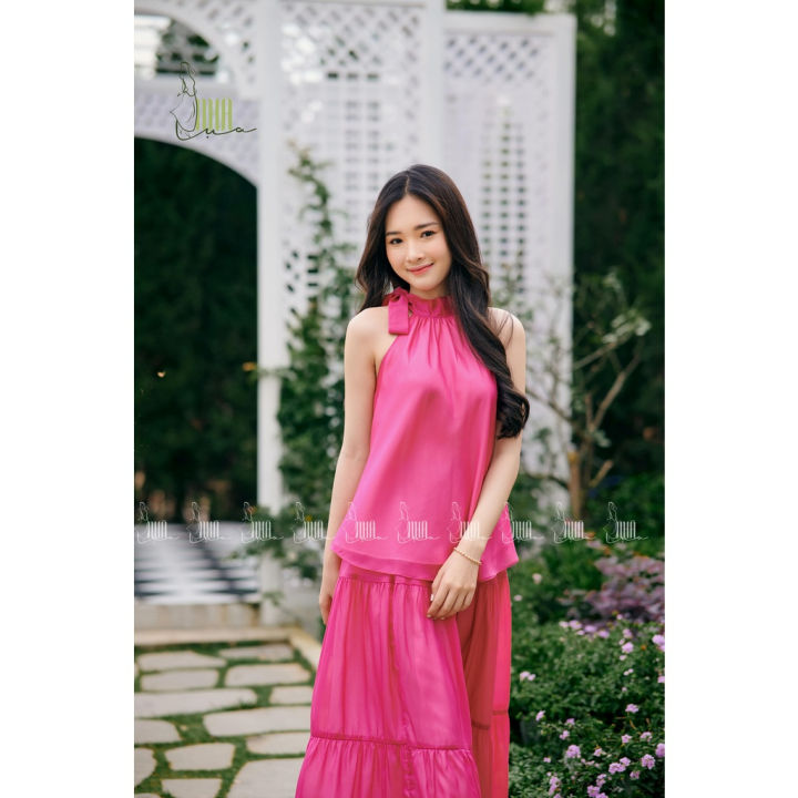 Đầm suông dáng dài cổ yếm màu hồng HL26-13 | Thời trang công sở K&K Fashion