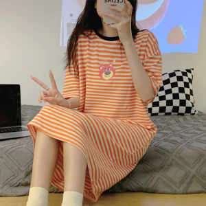 K-style Pure Cotton Cute Cartoon Stripes Nightdress Womens Summer Day Loose Net Red Wind Pajamas Maternity Homewear Outwear