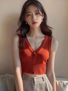 Dopamine Red V-Neck Knitted Button Design Short Crop Top Women Summer Outerwear French Unique Small Shirt Commute Slim Fit