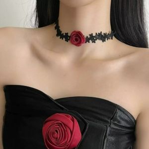 Red Rose Necklace Korean Fashion Elegant Lace Clavicle Chain Jewelry Accessories for Women’s