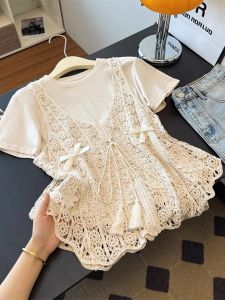 AIYITI | Unique Lace Hook Flower Hollow Out Vest Top Women Summer Fashion Short Sleeve T-Shirt Korean Style Straight Cut Regular Thickness