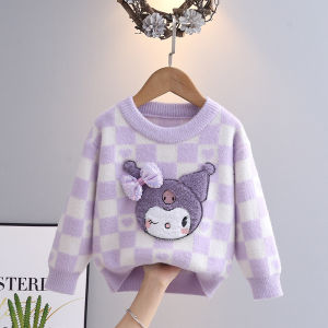 Áo Len Dệt Kim Dày Cho Bé Gái Màu Tím Mùa Đông Kawaii Dễ Thương Cổ Tròn Tay Dài Thường Ngày Chất Liệu Polyester Thoải Mái