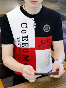 HENGYUANXIANG | Hengyuanxiang Knitted Ice Silk Short Sleeve T-Shirt Mens New 2025 Round Neck Splice Color Knitwear Summer Fashion City Style