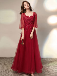 ชุดราตรียาวแขนยาวสีแดงเข้มสำหรับเจ้าสาว ชุดแต่งงาน ชุดคลุมท้อง ชุดราตรีสุดสง่างามสำหรับผู้หญิงไซส์ใหญ่