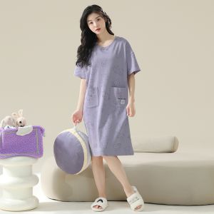 miiow | Sweet Style Pure Cotton Short Sleeve Sleep Dress Anti-Aging Maternity Dress Large Size Available Womens Summer Nightgown
