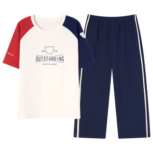 MiiOW | Bộ đồ ngủ cotton mùa hè MiiOW dành cho nữ Áo chui đầu tay ngắn Quần dài đến đầu gối Đồ ngủ thoải mái cho nữ