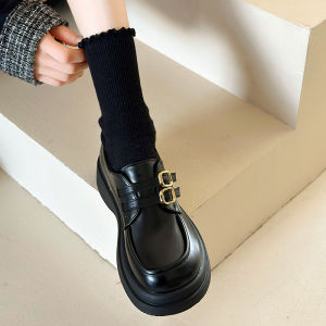 British Style Womens Flats Leather Surface Spring New Thick Bottom Versatile Commuting Small Leather Shoes round Toe mid Heel