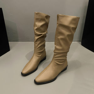 Retro Brown Long-Toe Boots for Women Summer Style Western Denim Boots with Ruffled Knee-High Heel Platform Sneakers