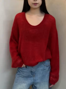 QINGNAER | Oversized Versatile Simple Lazy Style Red Knit Sweater