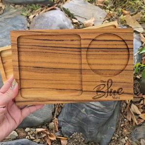 ถาดเบรค ถาดเสิร์ฟ จานไม้ ถาดไม้ ทำจากไม้สักแท้ มีหลุมใส่แก้วหรืออาหารได้ เลเซอร์ข้อความหรือโลโก้ได้ตามใจลูกค้า