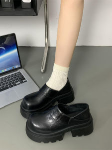 British Style Womens Flats Spring Autumn 2025 New Fleece Lined Thick Heel Heightening Retro Slip on Loafers Fashionable round Toe