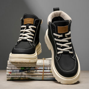 DSINWIN | Work Style High Top Black Lace-up Thick-soled Leather Waterproof Mens Boots