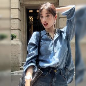 YUFUQING | Blue Polo Collar Long Sleeve Shirt Women Early Autumn New Style High Sensation Loose Versatile Personality Denim Jacket Commute Wind