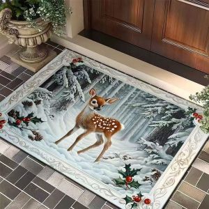 VIKAMA Winter Forest Deer Doormat Snowy Pine Tree Cardinal Bird Pattern Non Slip Entrance Rug Christmas Floor Mat Front Door