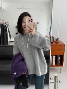 YUFUQING | Korean Style Bear Fur Long Sleeve Womens Sweater Autumn Winter Thickened Grey Top For Small Figures Matching Coats