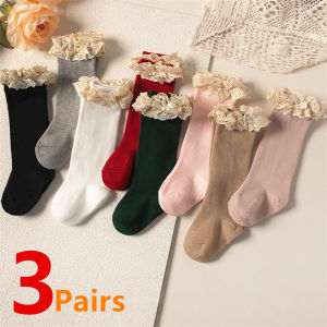 3Pairs/Lot Baby Girls Knee High Socks Kids Soft Cotton Long Sock Cute Lace Ruffle Solid Children Princess Socken For 0-5Years