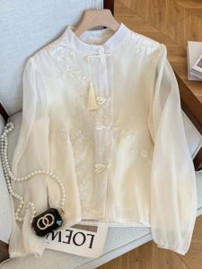 เสื้อเชิ้ตผ้าชีฟองคอตั้งปักลายสไตล์จีนใหม่สำหรับผู้หญิง เสื้อเชิ้ตแขนยาวทรงหลวม กระโปรงทรงเอ ฤดูใบไม้ผลิ 2024