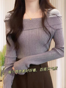 Áo Len Dệt Kim Màu Xám Một Bên Vai Dài Tay Ôm Vừa Vặn Mùa Thu Đông Mới Áo Lót Bên Trong Cổ Chữ V Hở Vai