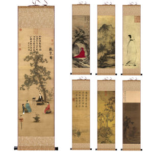 Antique Style Song Dynasty Silk Scroll Painting Decorative Artwork Simplicity Mountain Travel Map Musical Appreciation Scene