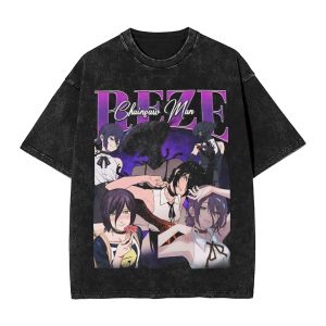 Bandai | Anime Chainsaw Man Yoru T Shirt Hip Hop Gothic Washed T-Shirt Men Women Clothing Short Sleeve Cotton Tees Tops