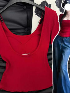 chaqi | Áo thun nữ hở lưng gợi cảm mùa hè mới có đệm ngực màu đỏ Áo vest ôm vừa vặn Áo thun cotton thoáng khí cho nữ