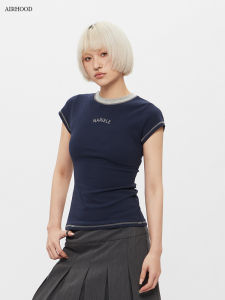 Airhood Summer Color Block Design Retro round Neck Short Sleeve Slim Fit Womens T-Shirt Casual Style Cotton Blend Top