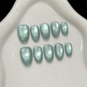 Parkson | 10Pcs Nude Color Almond Shiny Cat Eye Decoration Nail Tips Art French Oval Short Simple Manicure Wearable Fashion Fake Nail Set