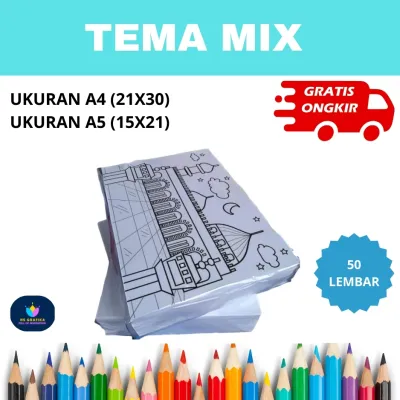 50 Lembar Kertas Mewarnai Anak Berbagai Tema Random A4 75Gsm