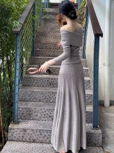 SHANGSHA | Luxury Elegant Stylish Shoulder-Baring Knitted Dress