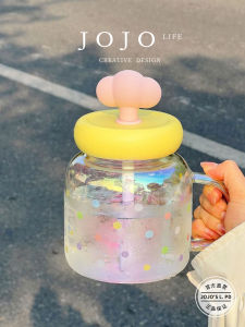 Cute Straw Cup with Handle JOJOS L. PD.Teach High Borosilicate Glass Water Bottle round Cylinder Shape Four Seasons Universal