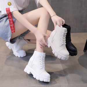 Womens Martin Boots Fleece Lined Heightening 10cm Short Boot Thick Bottom Black Leather Boot Korean Style Winter High Heel