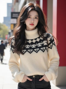 Christmas Atmosphere High Collar Patchwork Thickened Sweater Womens Autumn Winter Loose Fit Lazy Style Soft Knitted Shirt