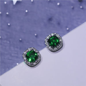 New Chic Square Crystal Zircon Pure Silver Earrings Fashionable Cluster Diamond Embedded Elegant Green Gemstone Studs