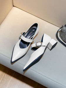 รองเท้าส้นหนาหัวแหลมสไตล์ฝรั่งเศสสำหรับผู้หญิง 2025 รองเท้าส้นกลางสีขาวเทาแบบหัวเข็มขัดไม่ลื่น รองเท้าส้นสูงแบบสวมสบาย