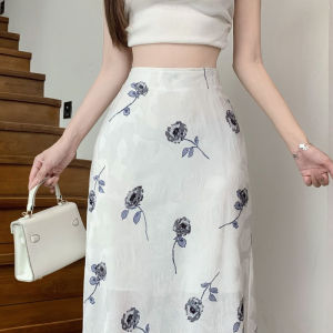 White Jacquard Chiffon Skirt Womens Summer Thin High Waist A- line Skirt Silm Drape Ice Silk Straight-leg Bodycon Dress